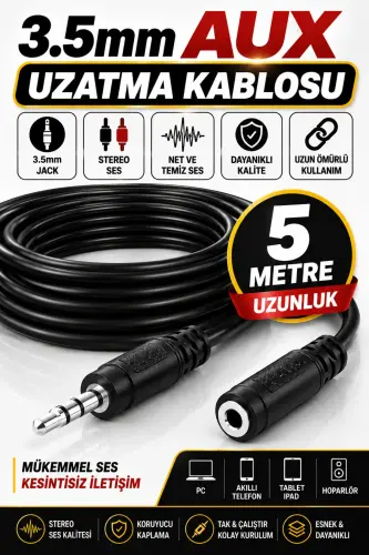 5 Metre 3.5mm Stereo Kulaklık Aux Ses Uzatma Kablosu 5 Mt - Siyah - 1
