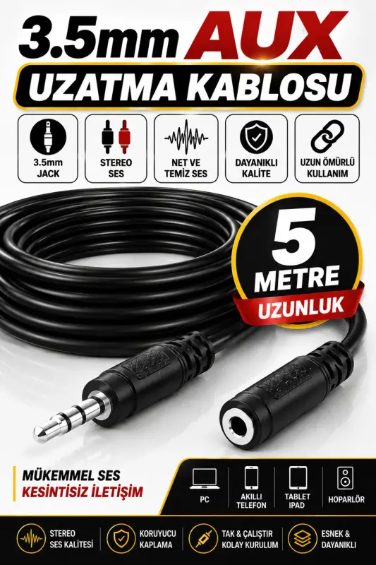 5 Metre 3.5mm Stereo Kulaklık Aux Ses Uzatma Kablosu 5 Mt - Siyah - 1