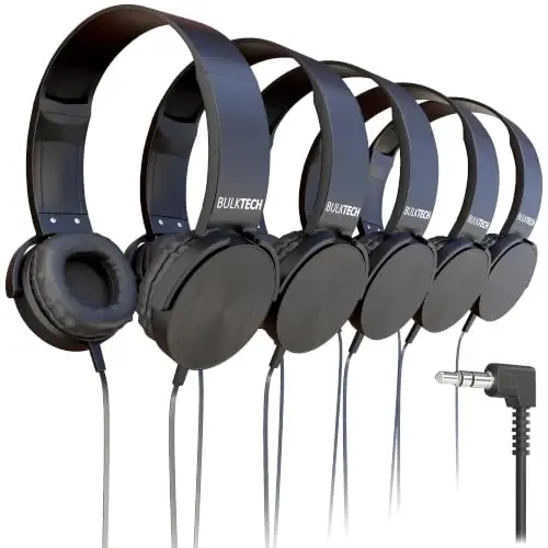 5 Pack Bulk Wired On-Ear Leather Headphones with 3.5mm Connector, Round Metal Housing, Black - 1
