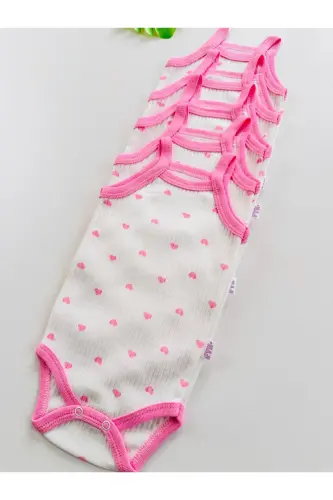 5-Pack Ribbed Sleeveless Heart Patterned Baby Girl Bodysuit-Pink - 3