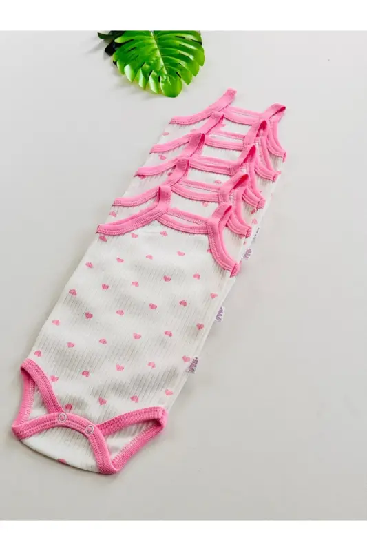 5-Pack Ribbed Sleeveless Heart Patterned Baby Girl Bodysuit-Pink - 6