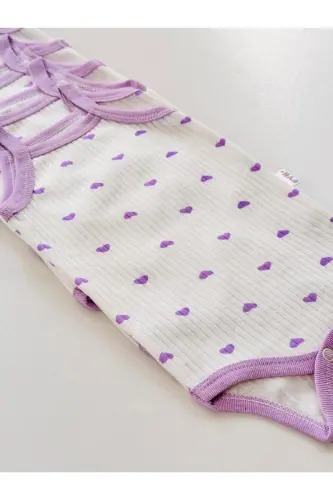 5-Pack Ribbed Spaghetti Strap Heart Patterned Baby Girl Bodysuit-Purple - 6