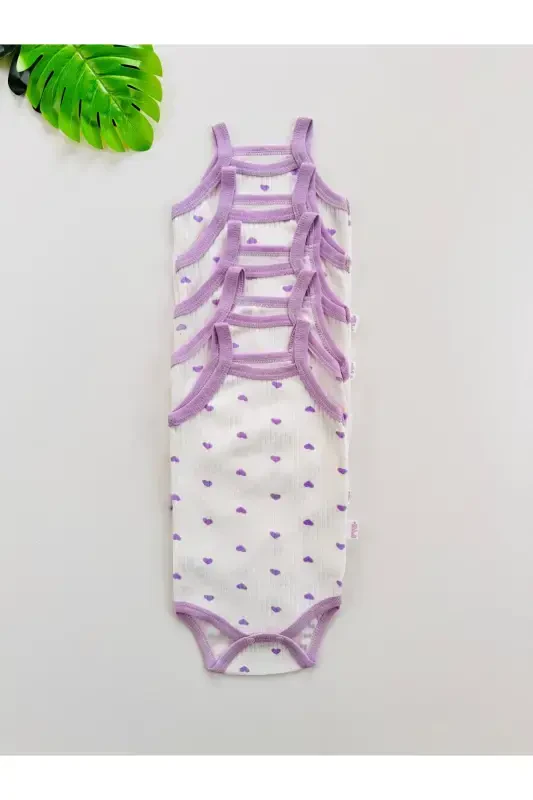 5-Pack Ribbed Spaghetti Strap Heart Patterned Baby Girl Bodysuit-Purple - EFU BABY
