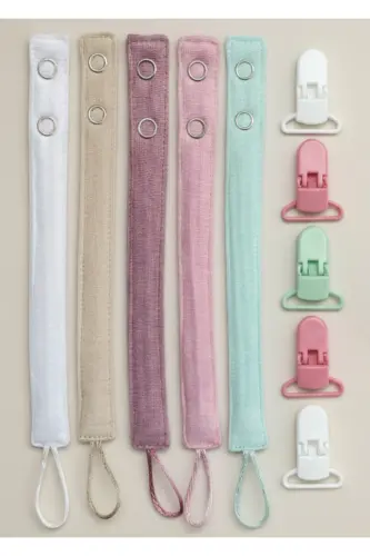 5 Pack Washable Colorful Pacifier Clip Pacifier Chain 100% Cotton (5 Clips 5 Holders) - 3