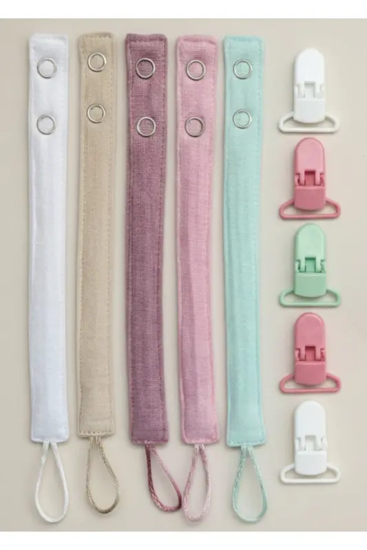 5 Pack Washable Colorful Pacifier Clip Pacifier Chain 100% Cotton (5 Clips 5 Holders) - 3