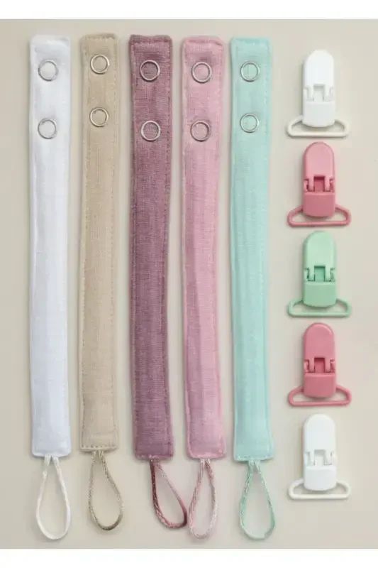 5 Pack Washable Colorful Pacifier Clip Pacifier Chain 100% Cotton (5 Clips 5 Holders) - 1