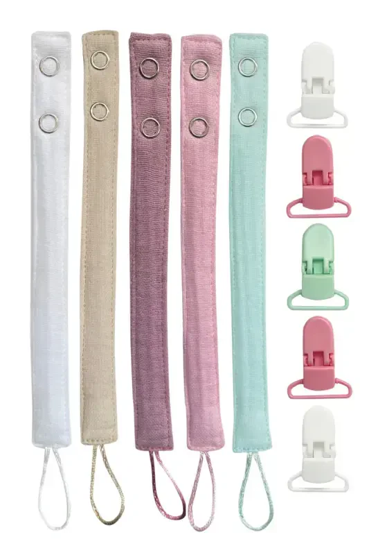 5 Pack Washable Colorful Pacifier Clip Pacifier Chain 100% Cotton (5 Clips 5 Holders) - 2