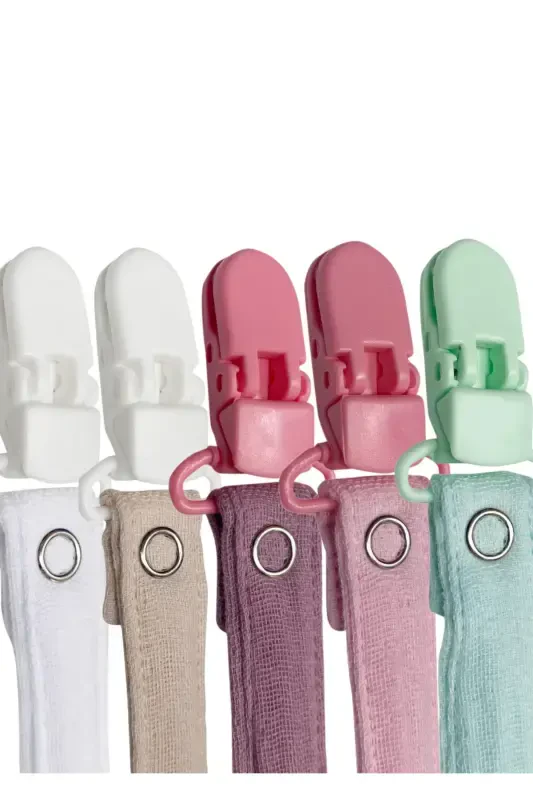 5 Pack Washable Colorful Pacifier Clip Pacifier Chain 100% Cotton (5 Clips 5 Holders) - 4
