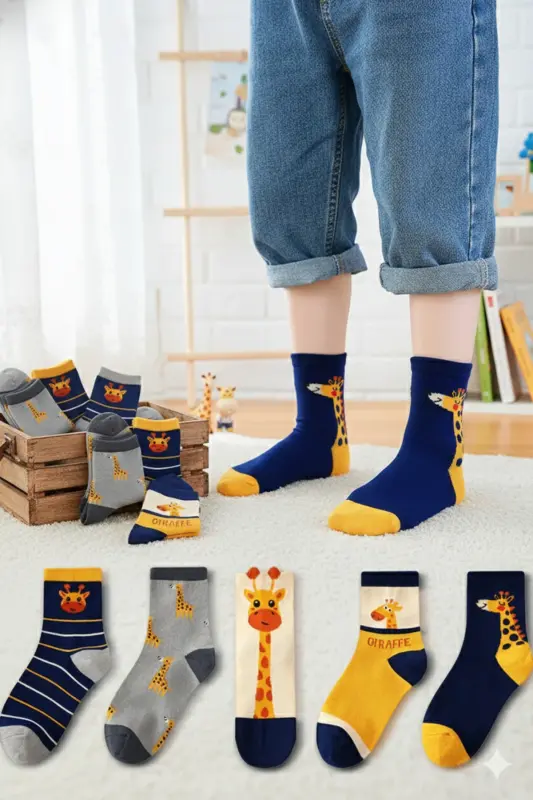 5 Pairs Giraffe Patterned Kids Socks - 1