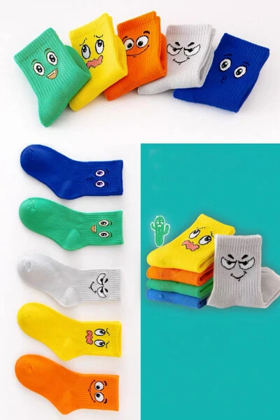 5 Pairs Kids Socks with Facial Expression Patterns - BGK