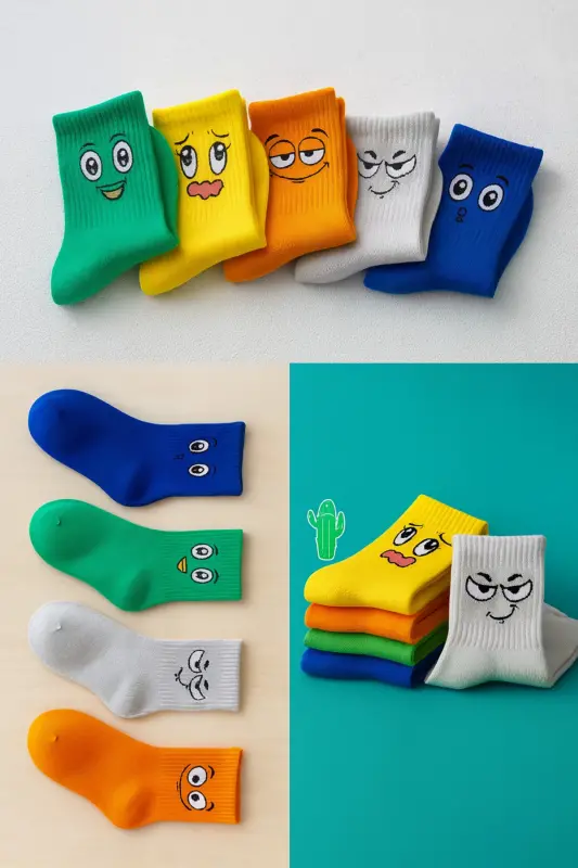 5 Pairs Kids Socks with Facial Expression Patterns - 1