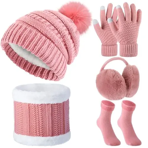 5 Pieces Women Winter Warm Set Knit Beanie Hat Scarf Touchscreen Gloves Earmuffs Stockings 5 in 1 Ski Outing Set for Gift 