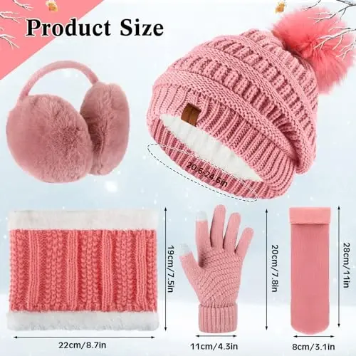 5 Pieces Women Winter Warm Set Knit Beanie Hat Scarf Touchscreen Gloves Earmuffs Stockings 5 in 1 Ski Outing Set for Gift - 2