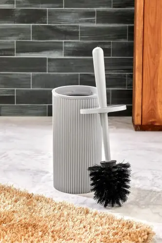5 Parça Lüx Banyo Seti - Dekoratif Yuvarlak Pratik Kapak Çöp Kovası Diş Fırçalık Sabunluk Fırça Seti - AÇIK GRİ - 4