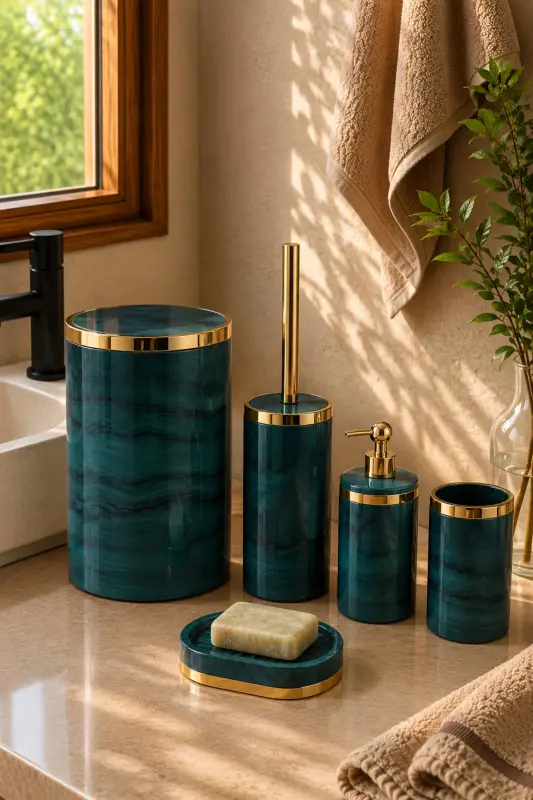 5 Parça Mermer Desen Yeşil Gold Banyo Seti / Wc Fırçalık, Sıvı - Katı Sabunluk, Çöp Kovası, Diş Fırçalık - Çok Renkli - 1