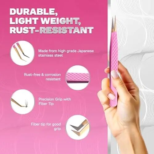 5 Pcs Fiber Tip Eyelash Extension Tweezers with Leather Case, Pink | Japanese steel, titanium-coated finish, 90° and 45° angled tips, precision pointed tweezers - 3