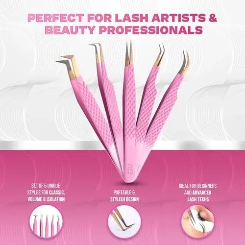 5 Pcs Fiber Tip Eyelash Extension Tweezers with Leather Case, Pink | Japanese steel, titanium-coated finish, 90° and 45° angled tips, precision pointed tweezers - 4