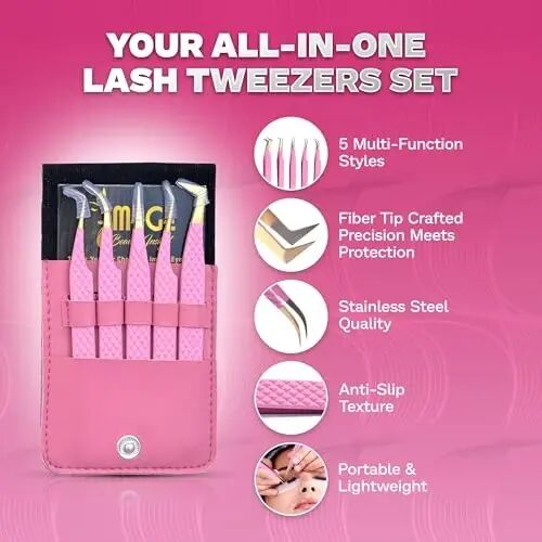 5 Pcs Fiber Tip Eyelash Extension Tweezers with Leather Case, Pink | Japanese steel, titanium-coated finish, 90° and 45° angled tips, precision pointed tweezers - 6