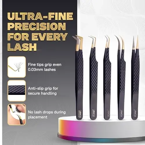 5 Pcs Fiber-Tip Japanese Steel Lash Tweezer Set with Leather Case, Professional Eyelash Tweezers for Lash Extensions – Titanium Coated, 90 & 45 Angled, Precision Pointed Tweezers (MATT BLACK) - IMAGE BEAUTY INSIGHT (1)