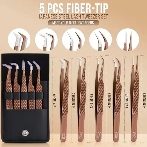 5 Pcs Fiber-Tip Japanese Steel Lash Tweezer Set with Leather Case, Professional Eyelash Tweezers for Lash Extensions – Titanium Coated, 90 & 45 Angled, Precision Pointed Tweezers (METALIC-ROSE) - IMAGE BEAUTY INSIGHT (1)