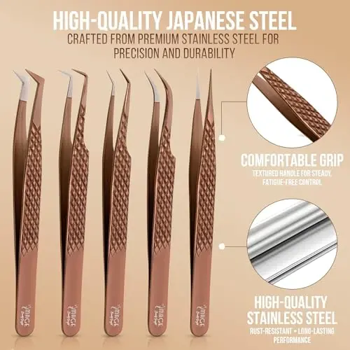 5 Pcs Fiber-Tip Japanese Steel Lash Tweezer Set with Leather Case, Professional Eyelash Tweezers for Lash Extensions – Titanium Coated, 90 & 45 Angled, Precision Pointed Tweezers (METALIC-ROSE) - 3