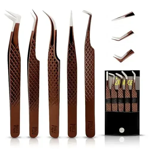 5 Pcs Fiber-Tip Japanese Steel Lash Tweezer Set with Leather Case, Professional Eyelash Tweezers for Lash Extensions – Titanium Coated, 90 & 45 Angled, Precision Pointed Tweezers (METALIC-ROSE) - 1