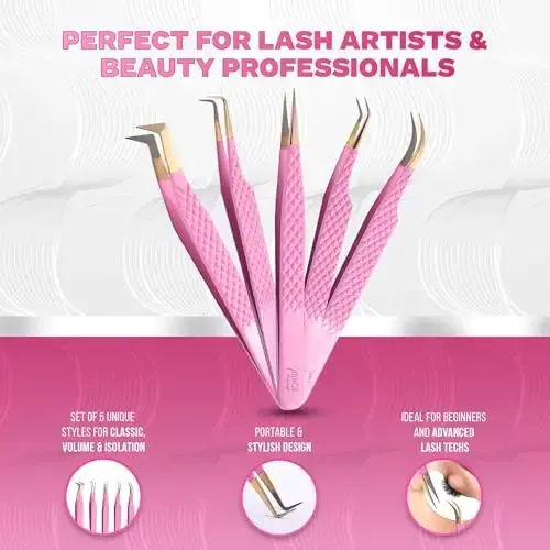 5 Pcs Fiber-Tip Japanese Steel Lash Tweezer Set with Leather Case, Professional Eyelash Tweezers for Lash Extensions – Titanium Coated, 90 & 45 Angled, Precision Pointed Tweezers (PINK) - 3