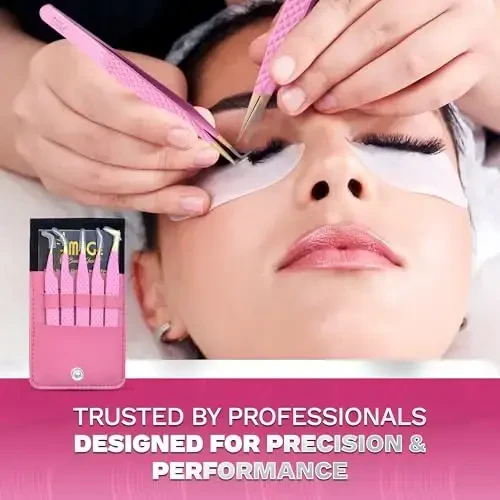 5 Pcs Fiber-Tip Japanese Steel Lash Tweezer Set with Leather Case, Professional Eyelash Tweezers for Lash Extensions – Titanium Coated, 90 & 45 Angled, Precision Pointed Tweezers (PINK) - 4