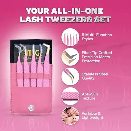 5 Pcs Fiber-Tip Japanese Steel Lash Tweezer Set with Leather Case, Professional Eyelash Tweezers for Lash Extensions – Titanium Coated, 90 & 45 Angled, Precision Pointed Tweezers (PINK) - 5
