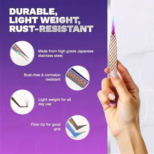 5 Pcs Fiber-Tip Japanese Steel Lash Tweezer Set with Leather Case, Professional Eyelash Tweezers for Lash Extensions – Titanium Coated, 90 & 45 Angled, Precision Pointed Tweezers (Rainbow Color) - 1