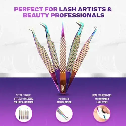 5 Pcs Fiber-Tip Japanese Steel Lash Tweezer Set with Leather Case, Professional Eyelash Tweezers for Lash Extensions – Titanium Coated, 90 & 45 Angled, Precision Pointed Tweezers (Rainbow Color) - 4