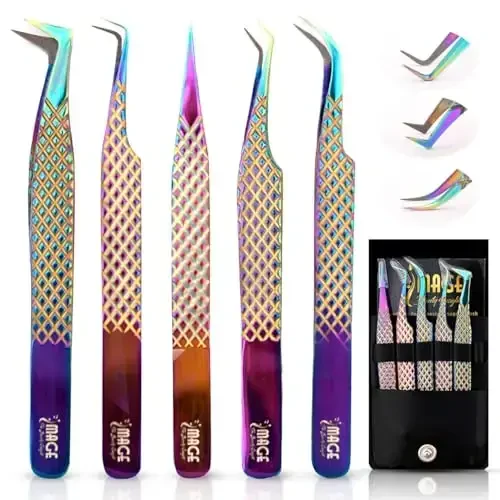 5 Pcs Fiber-Tip Japanese Steel Lash Tweezer Set with Leather Case, Professional Eyelash Tweezers for Lash Extensions – Titanium Coated, 90 & 45 Angled, Precision Pointed Tweezers (Rainbow Color) - 6