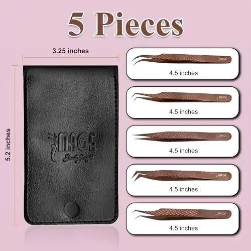 5 Pcs Fiber-Tip Japanese Steel Lash Tweezer Set with Leather Case, Professional Eyelash Tweezers for Lash Extensions – Titanium Coated, 90 & 45 Angled, Precision Pointed Tweezers (ROSE-GOLD) - Image Beauty Insight (1)