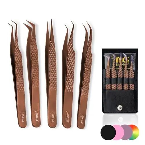 5 Pcs Fiber-Tip Japanese Steel Lash Tweezer Set with Leather Case, Professional Eyelash Tweezers for Lash Extensions – Titanium Coated, 90 & 45 Angled, Precision Pointed Tweezers (ROSE-GOLD) - Image Beauty Insight