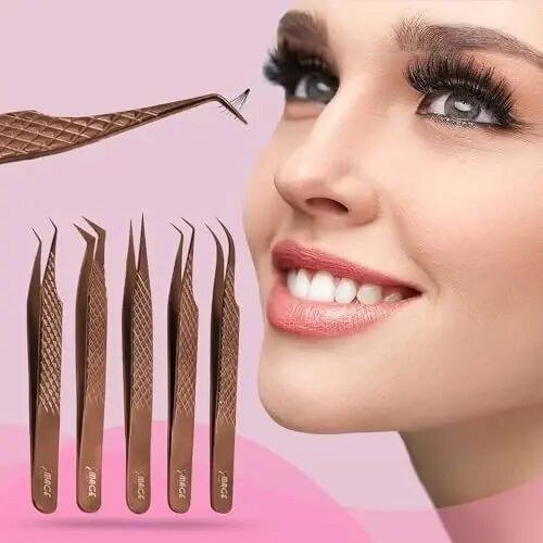 5 Pcs Fiber-Tip Japanese Steel Lash Tweezer Set with Leather Case, Professional Eyelash Tweezers for Lash Extensions – Titanium Coated, 90 & 45 Angled, Precision Pointed Tweezers (ROSE-GOLD) - 3