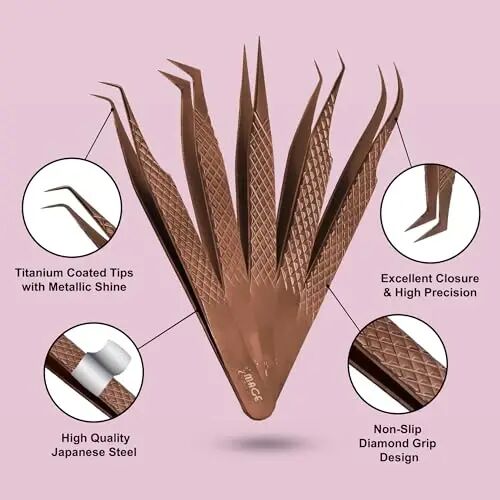 5 Pcs Fiber-Tip Japanese Steel Lash Tweezer Set with Leather Case, Professional Eyelash Tweezers for Lash Extensions – Titanium Coated, 90 & 45 Angled, Precision Pointed Tweezers (ROSE-GOLD) - 5