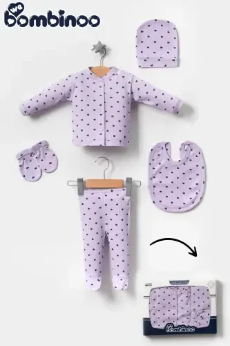 5 Pcs Hospital Outing Romper Set Newborn Ribbed Lilac Fabric Navy Heart-lilac - 1