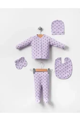 5 Pcs Hospital Outing Romper Set Newborn Ribbed Lilac Fabric Navy Heart-lilac - Modazone (1)