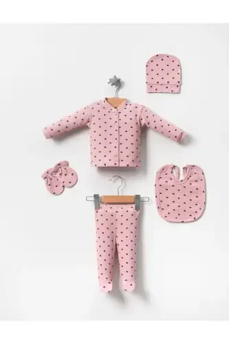 5 Pcs Hospital Outing Romper Set Newborn Ribbed Lilac Fabric Navy Heart-powder - 1