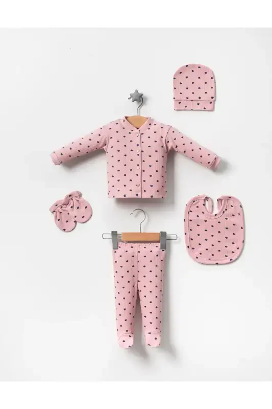 5 Pcs Hospital Outing Romper Set Newborn Ribbed Lilac Fabric Navy Heart-powder - 1