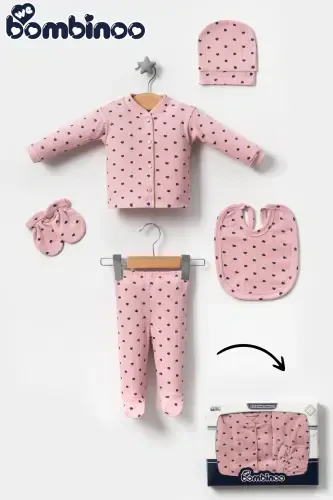 5 Pcs Hospital Outing Romper Set Newborn Ribbed Lilac Fabric Navy Heart-powder - WEBOMBINOO (1)