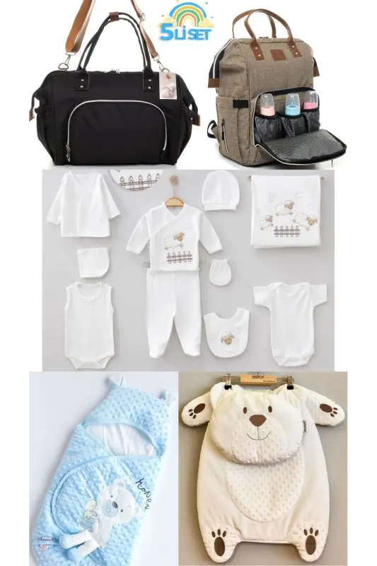 5-Piece Birth Set (10-PIECE HOSPITAL DISCHARGE SET, CHICKPEA SWADDLE, CHANGING MAT, BABY CARE SHOULDER AND BACKPACK) - Beige-White-Blue - 1