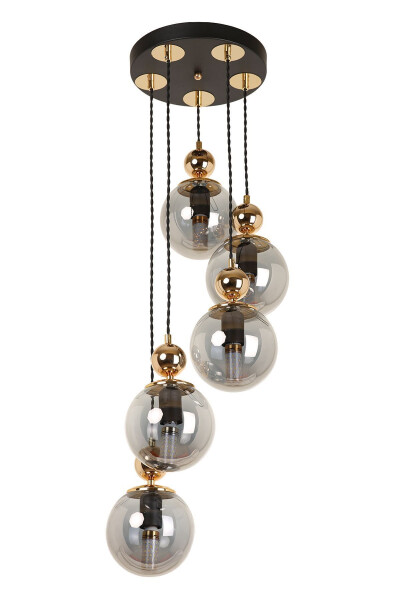 5-Piece Black Gold Smoked Glass Pendant Chandelier - 6