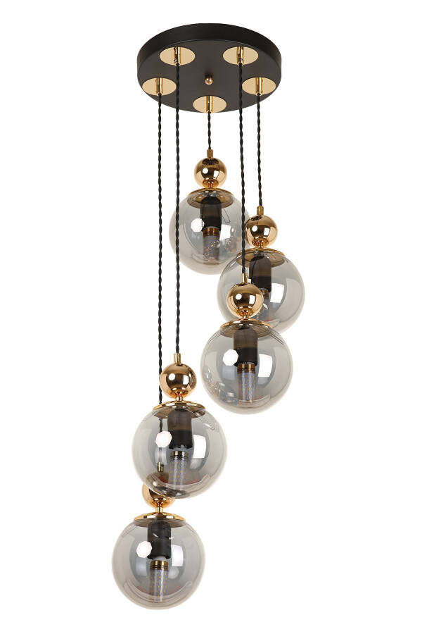 5-Piece Black Gold Smoked Glass Pendant Chandelier - 6