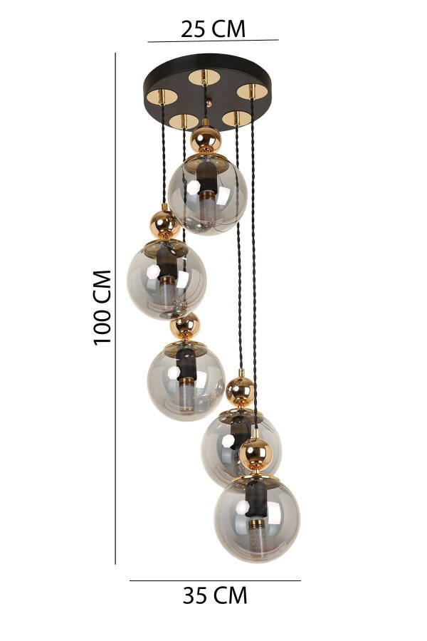 5-Piece Black Gold Smoked Glass Pendant Chandelier - 8