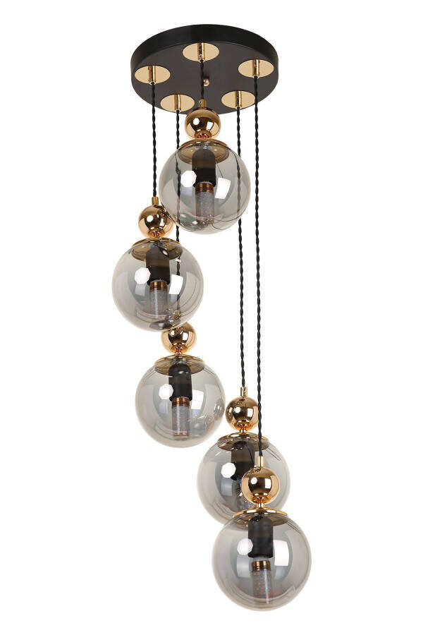 5-Piece Black Gold Smoked Glass Pendant Chandelier - 1