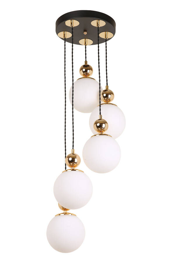 5-Piece Black Gold White Glass Pendant Chandelier - 5