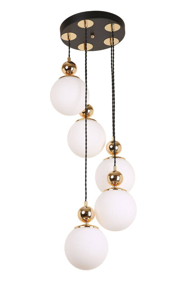 5-Piece Black Gold White Glass Pendant Chandelier - 2
