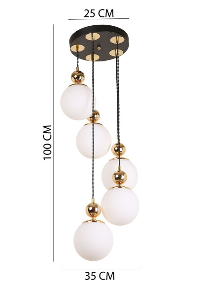 5-Piece Black Gold White Glass Pendant Chandelier - 4