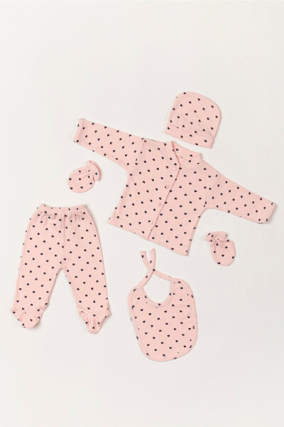 5 Piece Hospital Discharge Onesie Set Newborn Ribbed Pink Fabric Navy Heart - 2